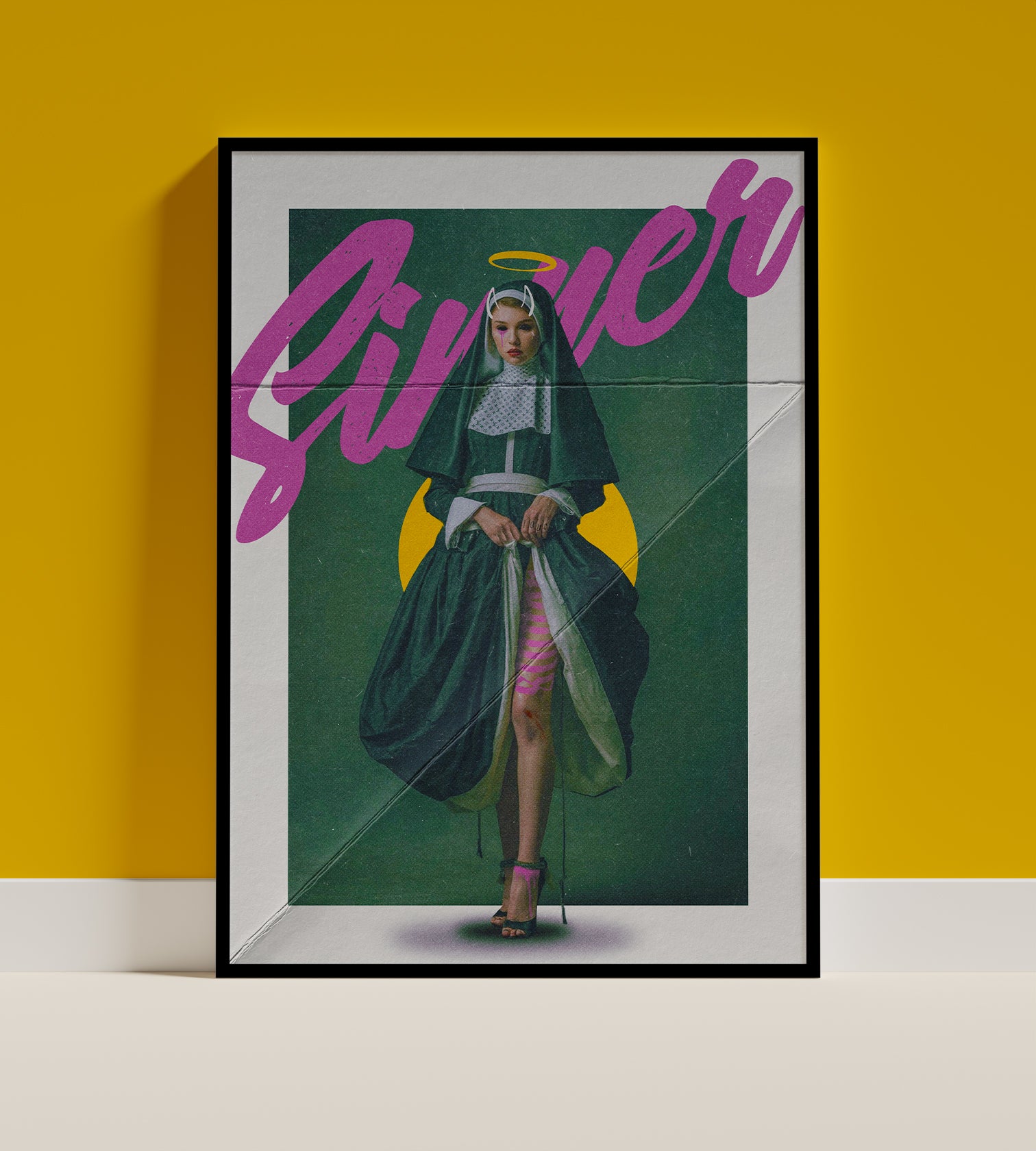 Gothic Nun Art Print – Dark Aesthetic Wall Decor, Sinner Poster, Alternative Religious Artwork, Devil Horns Halo Bondage Art