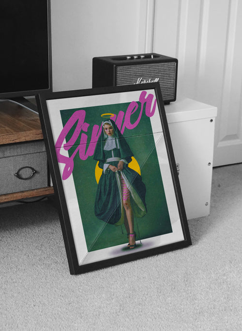 Gothic Nun Art Print – Dark Aesthetic Wall Decor, Sinner Poster, Alternative Religious Artwork, Devil Horns Halo Bondage Art