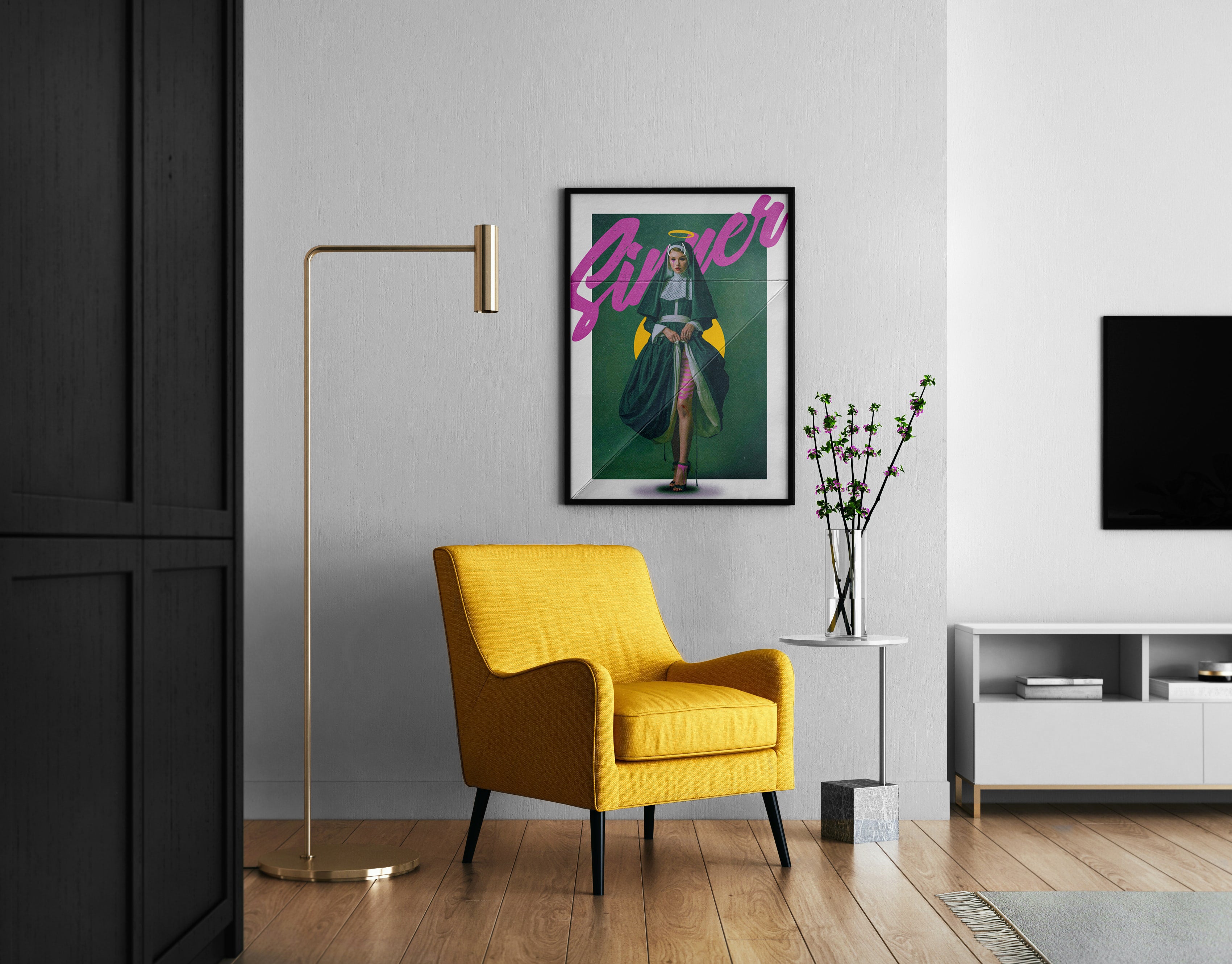 Gothic Nun Art Print – Dark Aesthetic Wall Decor, Sinner Poster, Alternative Religious Artwork, Devil Horns Halo Bondage Art